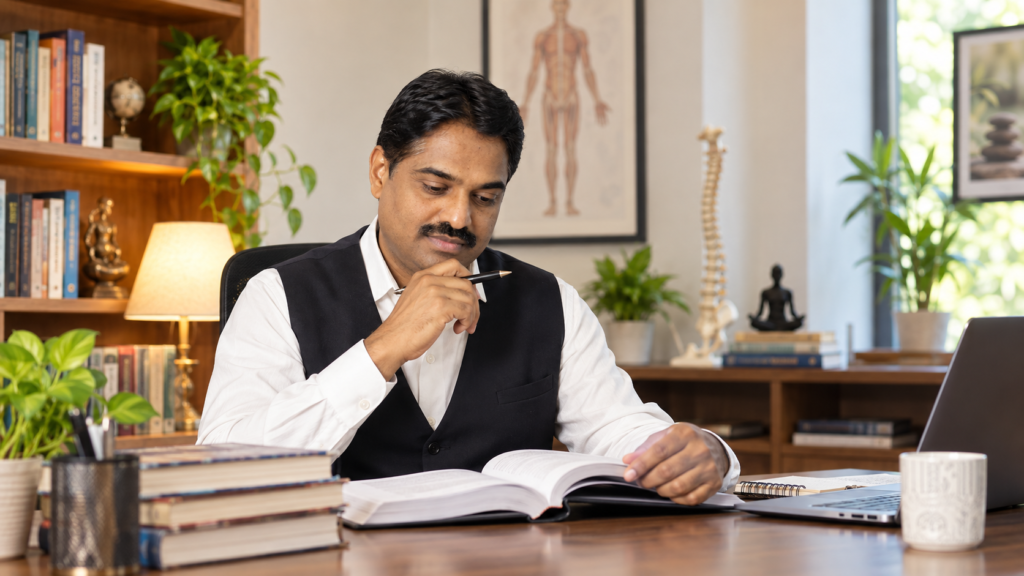 Dr. Sarang Patil at his desk with medical books and a laptop