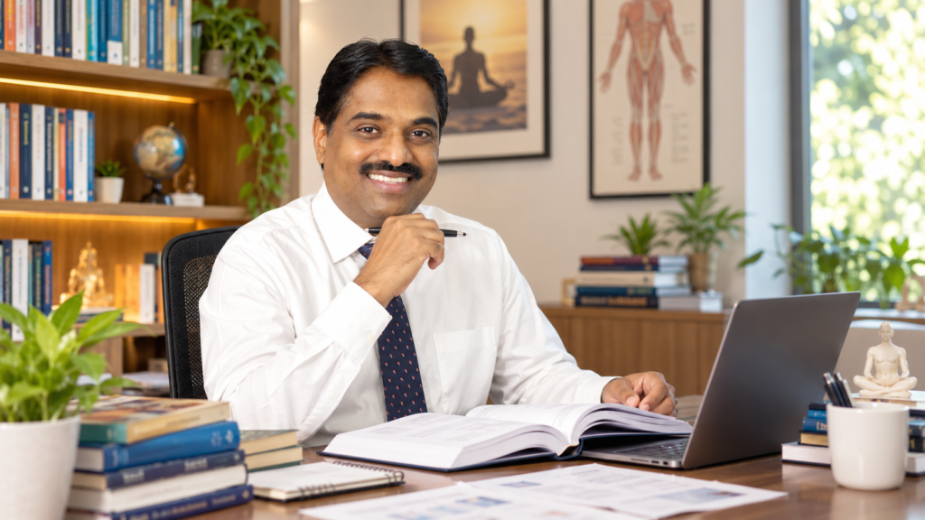 Dr. Sarang Patil seated at his office desk with books, a laptop and anatomy posters on the wall