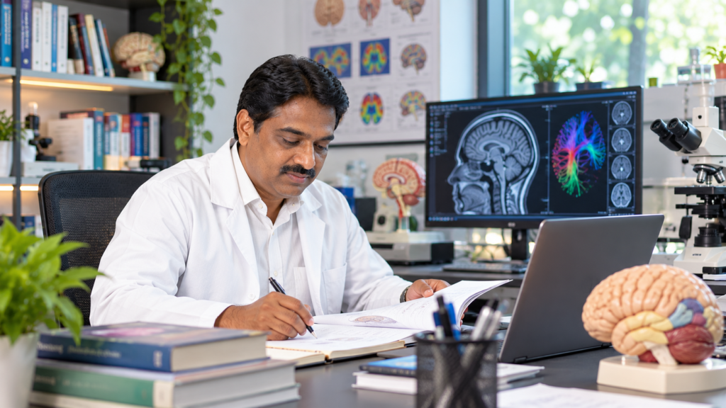 Dr. Sarang Patil in an academic setting with books and research materials