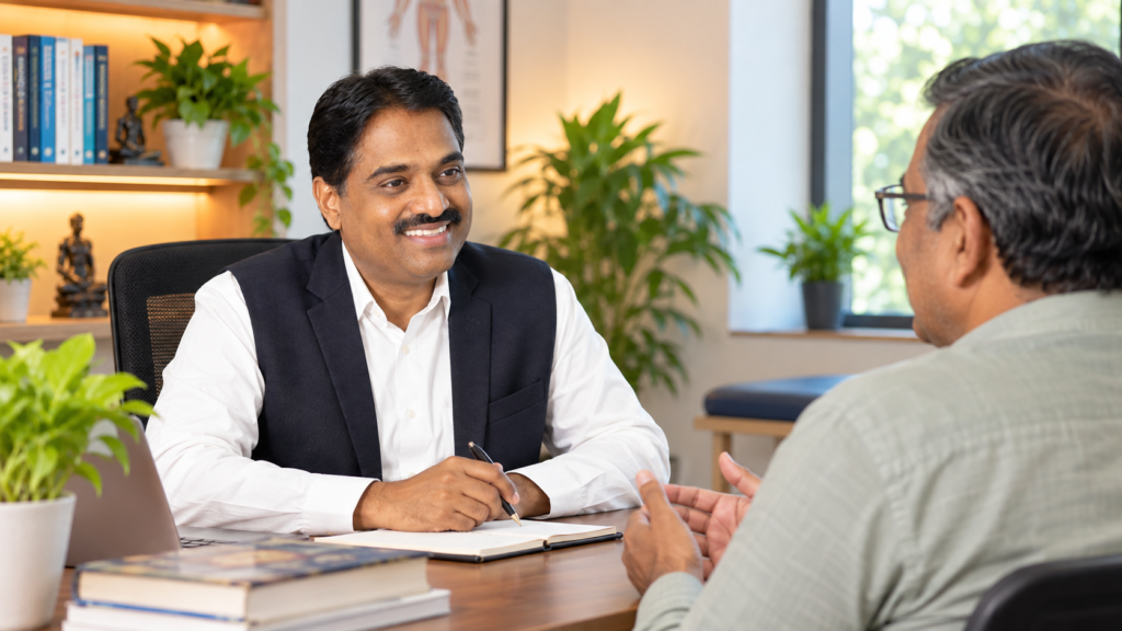 Dr. Sarang Patil in a consultation setting reviewing patient notes