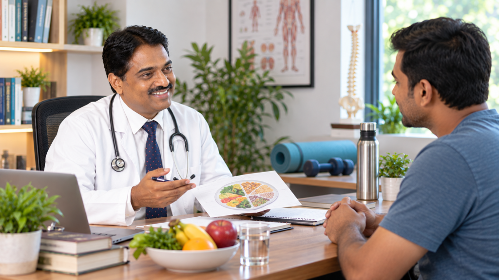 Dr. Sarang Patil discussing a health condition with a patient