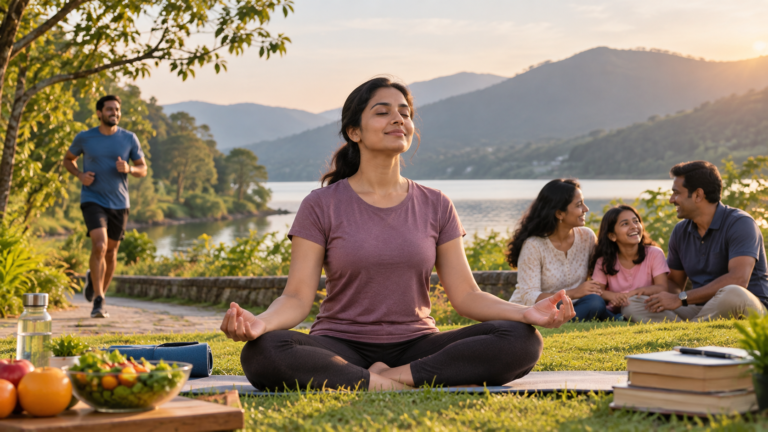 Collage representing whole-person wellbeing: a person meditating outdoors surrounded by icons for physical, mental, sleep and lifestyle health
