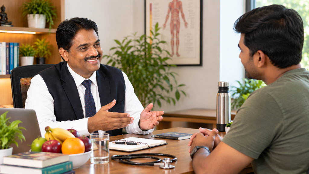 A person balancing everyday lifestyle habits such as food, movement and rest alongside medical care