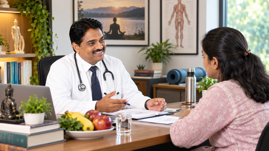 Dr. Sarang Patil in a setting representing integrative health, combining modern medicine and lifestyle elements