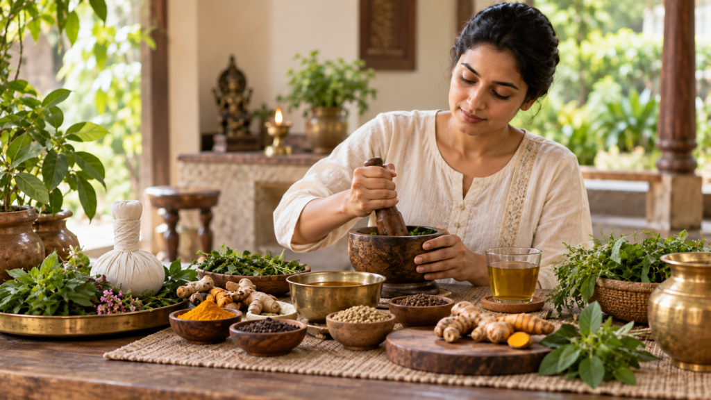 A traditional Ayurvedic-style meal with varied whole foods