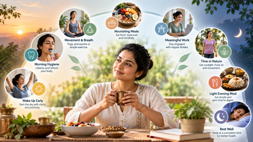 A person following a calm morning routine, representing Ayurvedic daily practices