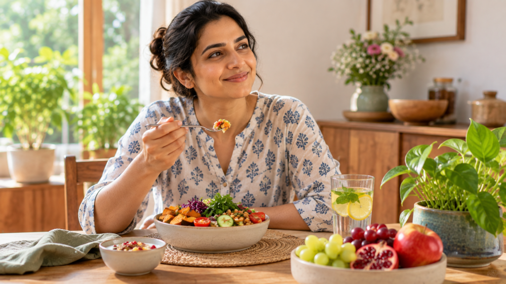 A woman eating a balanced meal of salad and fruit at a home dining table