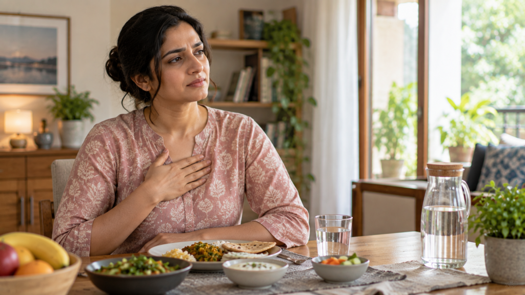 A person experiencing mild chest discomfort after a meal, representing acidity and heartburn