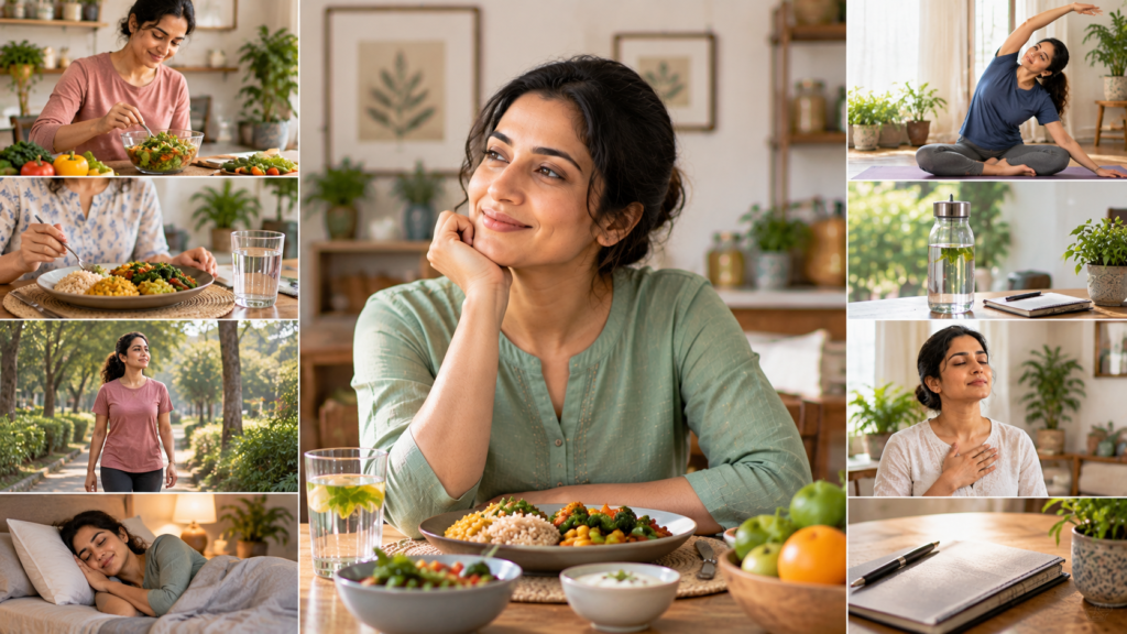 A person following a simple daily routine at home, representing healthy digestive habits