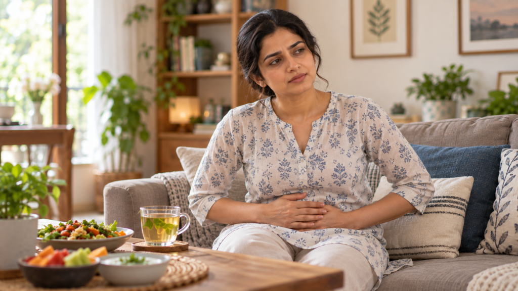 A person holding their abdomen, representing bloating and digestive discomfort