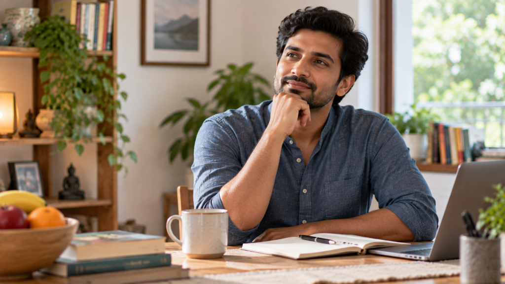 A person appearing thoughtful and calm, representing the connection between stress and digestion