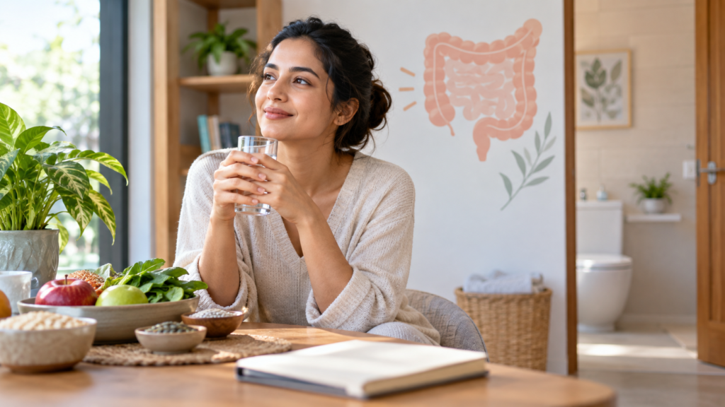 A person drinking water and eating fibre-rich food, representing habits that support bowel regularity