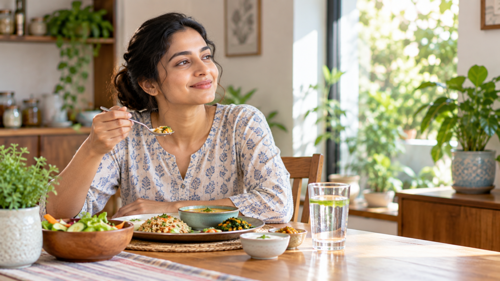 A woman enjoying a home-cooked meal of rice, vegetables and salad