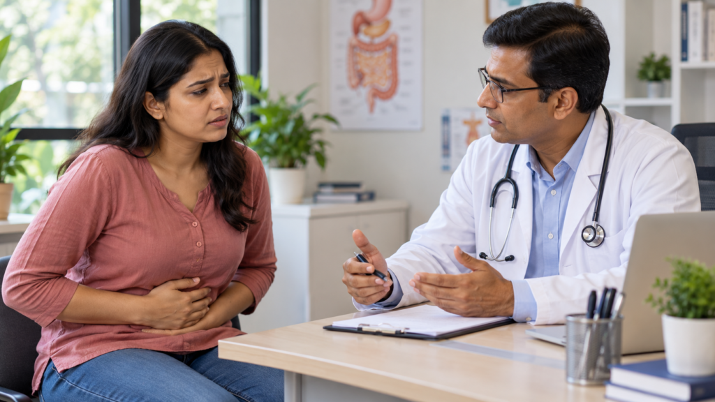 A healthcare professional consulting with a patient, representing when digestive symptoms need medical evaluation