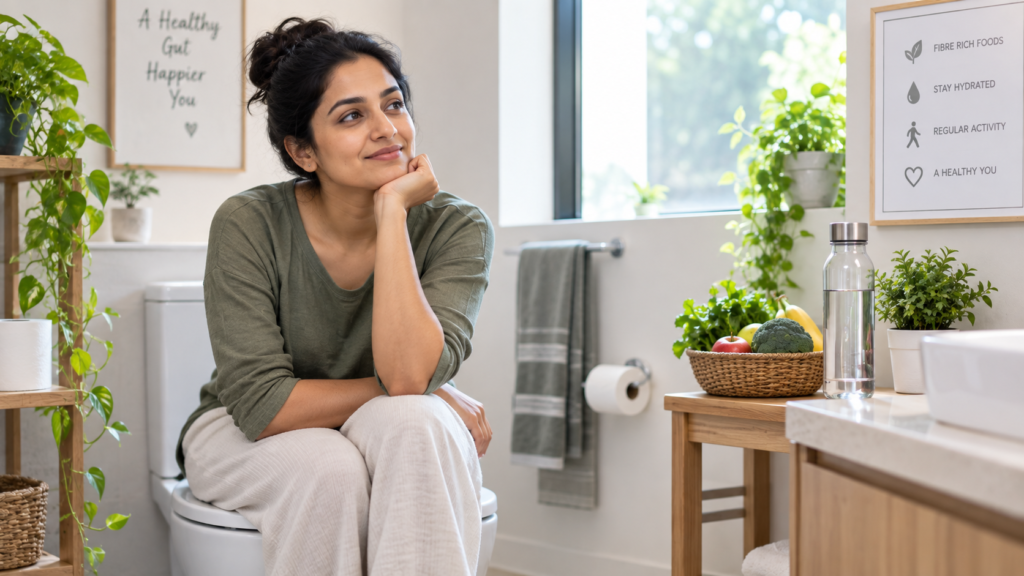 A calm bathroom setting, representing healthy bowel habits