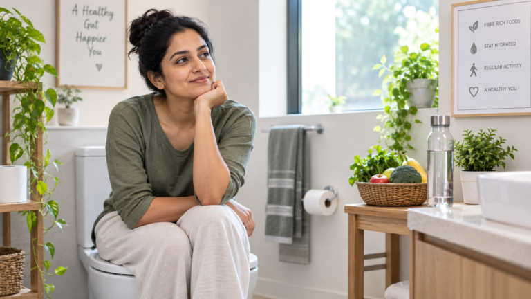 A calm bathroom setting, representing healthy bowel habits