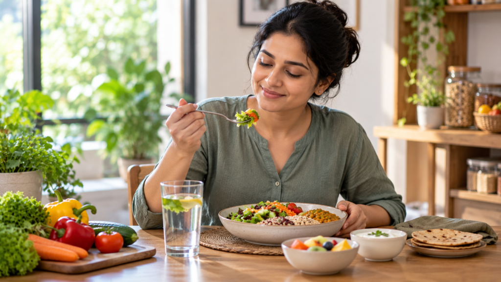 A variety of whole foods on a kitchen table, representing food and digestive health