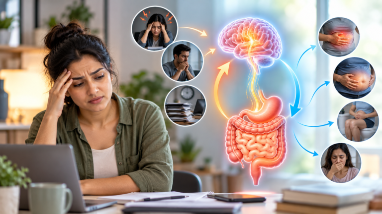 A person looking stressed at a desk, representing how stress affects digestion