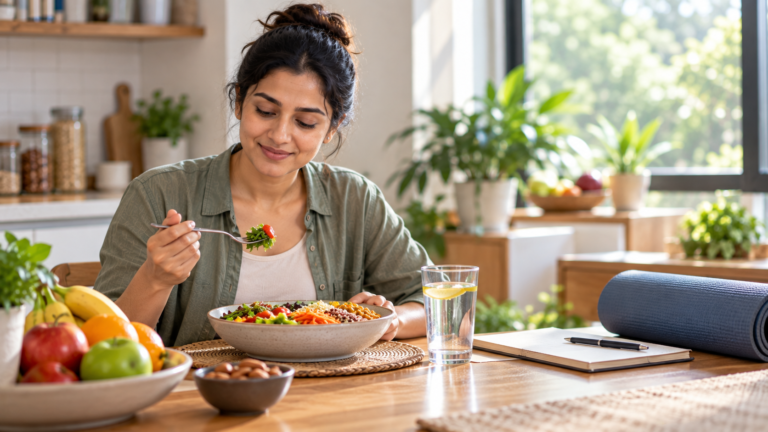 A woman enjoying a healthy meal at home, with a notebook and yoga mat nearby