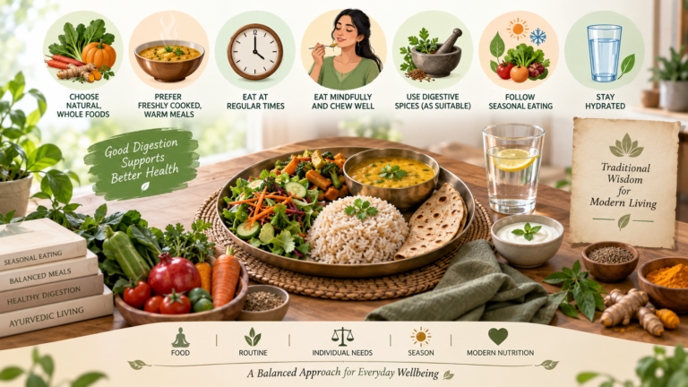 An Ayurvedic-style thali plate with varied foods, representing a traditional digestive-health diet