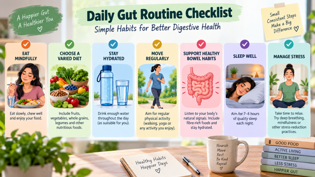 An infographic checklist of seven daily habits for digestive health, with a notebook and mug in the foreground
