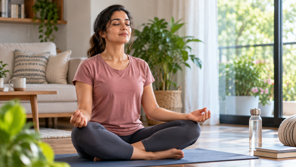 A person practising a calming breathing exercise, representing stress and anxiety support