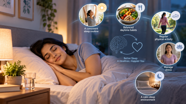 A person sleeping peacefully in a calm bedroom, representing sleep and mental wellbeing