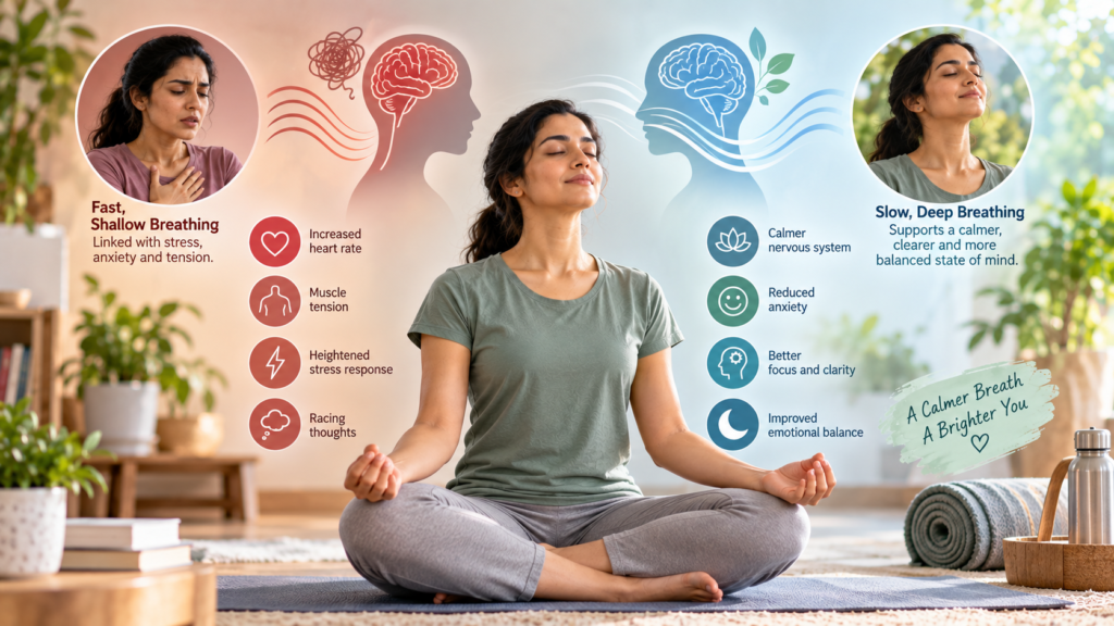 A person practising a calm breathing exercise indoors, with plants and a yoga mat nearby