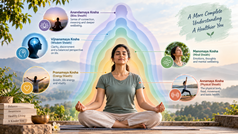 A person meditating in lotus pose, surrounded by labelled illustrations of the five Panchakosha layers (physical, energy, mind, wisdom and bliss sheaths)