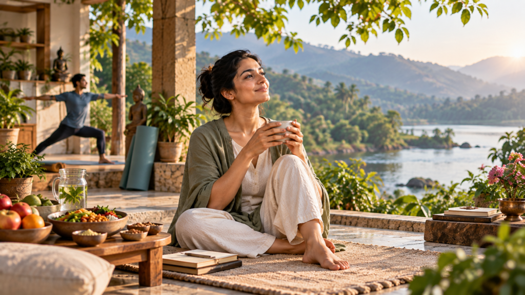 A person sitting peacefully outdoors, representing a whole-person approach to health and wellbeing