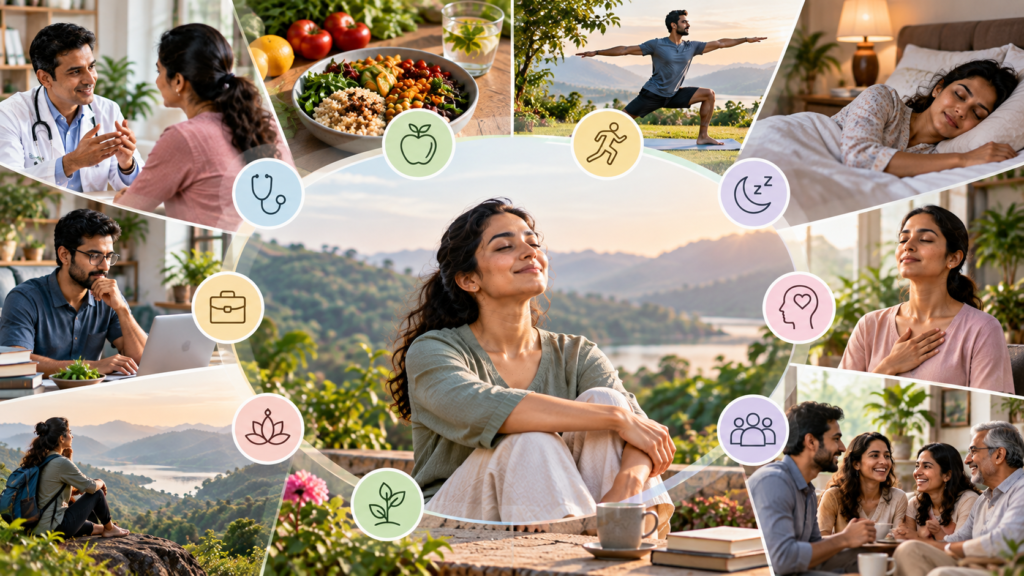 A person practising everyday wellbeing habits at home, representing Sampurna Swasthya in daily life