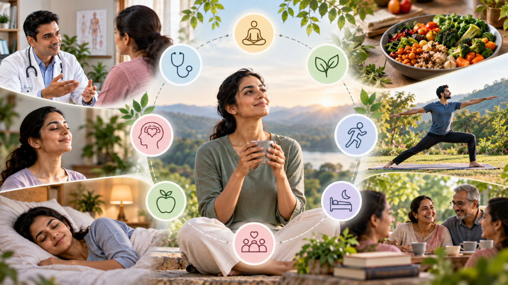 Collage representing Sampurna Swasthya whole-person wellbeing: a person sitting peacefully outdoors surrounded by images of a medical consultation, sleep, healthy food, yoga and family connection