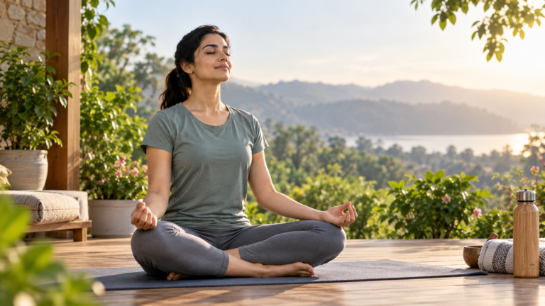 A person practising a gentle yoga pose for stress management